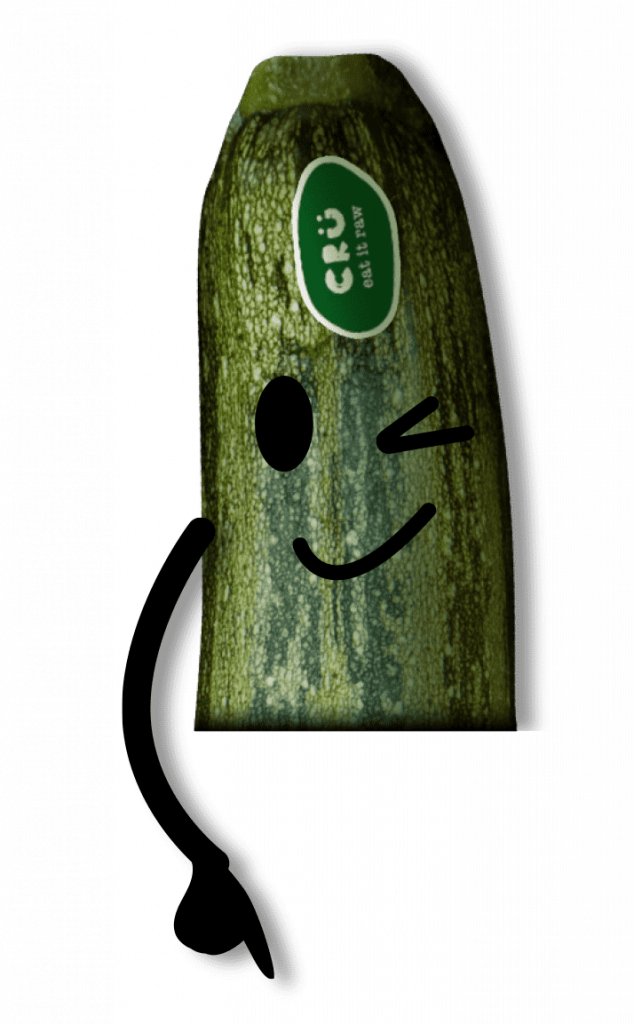 Imagen de un calabacín que guiña un ojo y señala el banner donde se puede comprar Crü.