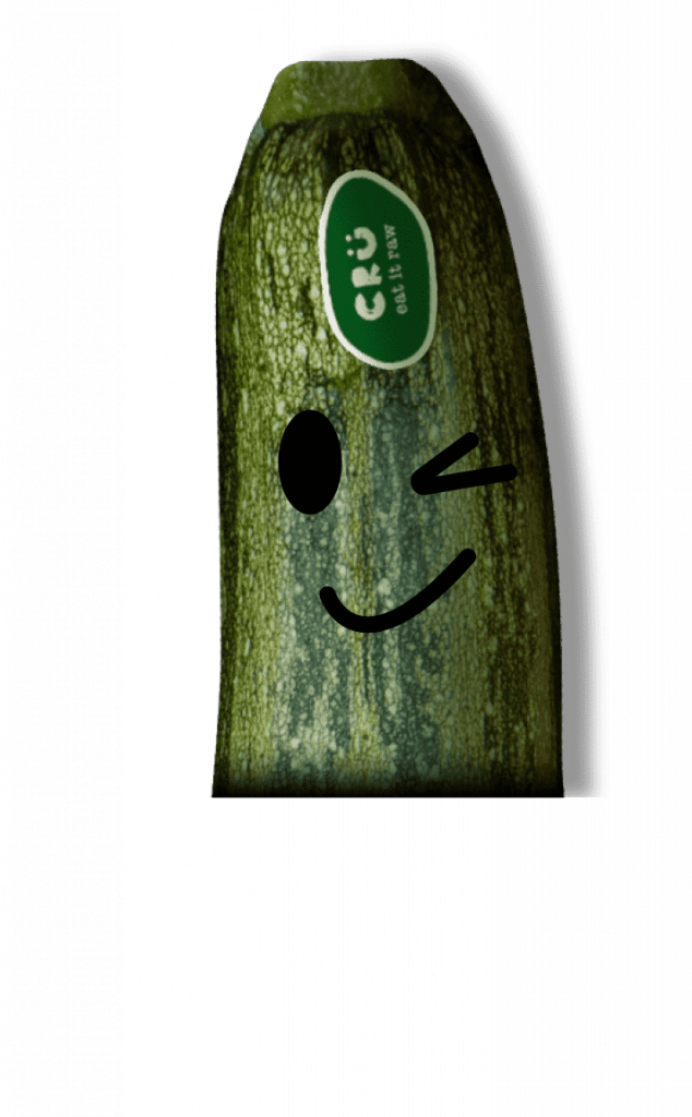 Imagen de un calabacín que guiña un ojo y señala el banner donde se puede comprar Crü. Imagen para la version movil.