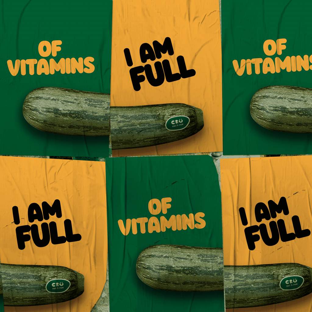 Collage of images with yellow and green background, showing cut courgettes and the slogan 'Full of vitamins'. This image accompanies a blog post presenting raw courgette as a rebellious and nutritious superfood, rich in vitamin C, potassium, vitamin A, magnesium, and fiber.