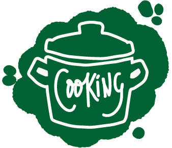 Original, fun, and green icon in the shape of a cooking pot with the word 'cooking' inside. By clicking on it, you access all the recipes with cooked courgette.