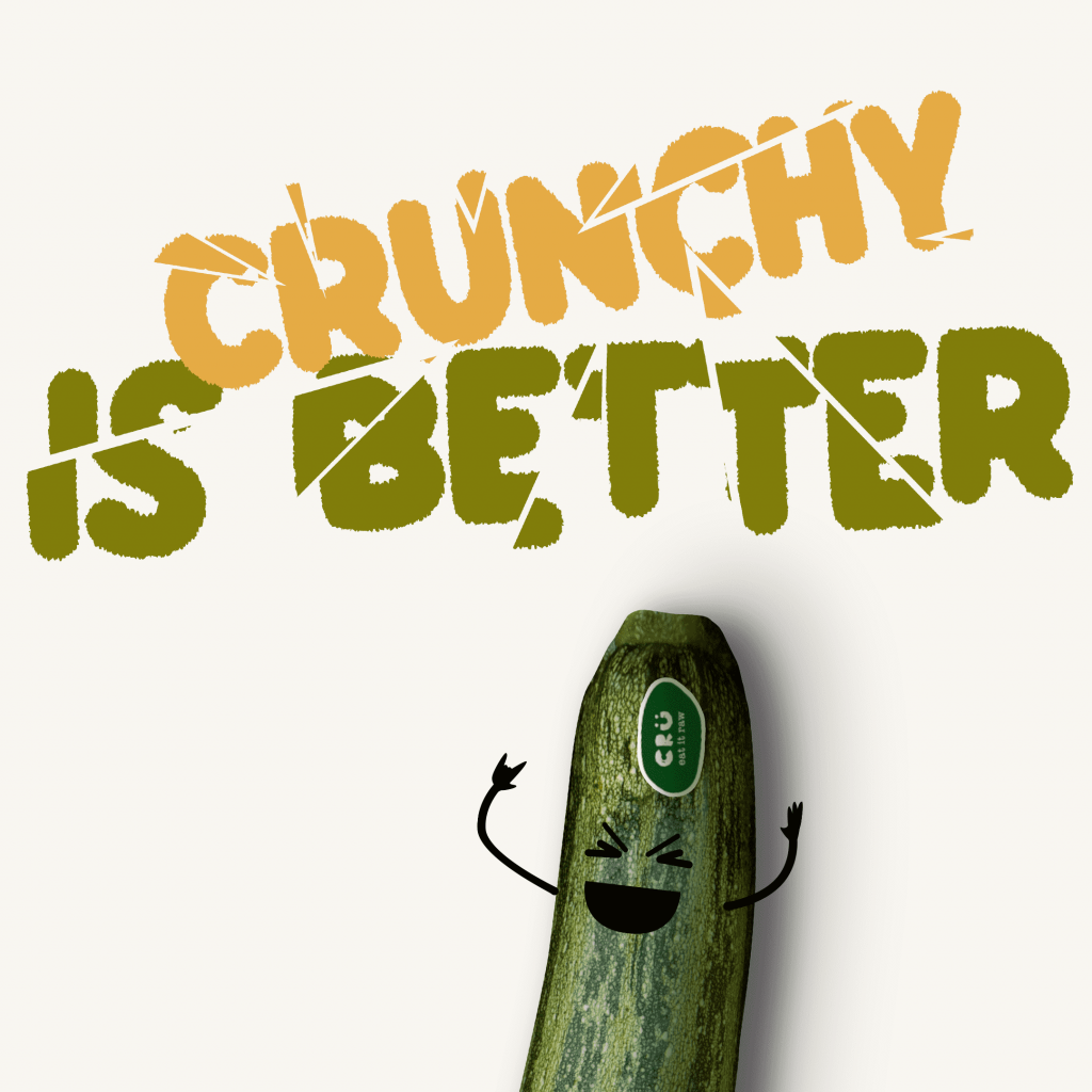 Striking graffiti featuring a humanized courgette smiling and celebrating, along with the text 'Better Crispy'. The image corresponds to a blog post encouraging not to postpone health goals and to start eating Crü today to feel the difference.