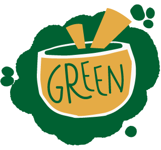 Fun and green icon in the shape of a salad bowl with the word 'green' inside. By clicking on it, you access all the healthy and vegetarian recipes with raw courgette.