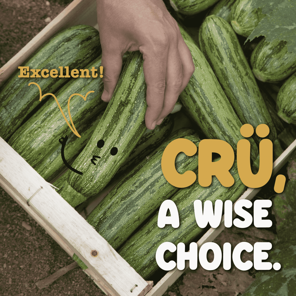 Image of a box of freshly harvested courgettes. A hand is shown holding a humanized courgette that, through a comic speech bubble, says 'Excellent', referencing the product's quality. The slogan 'Crü, a wise choice' accompanies the image.