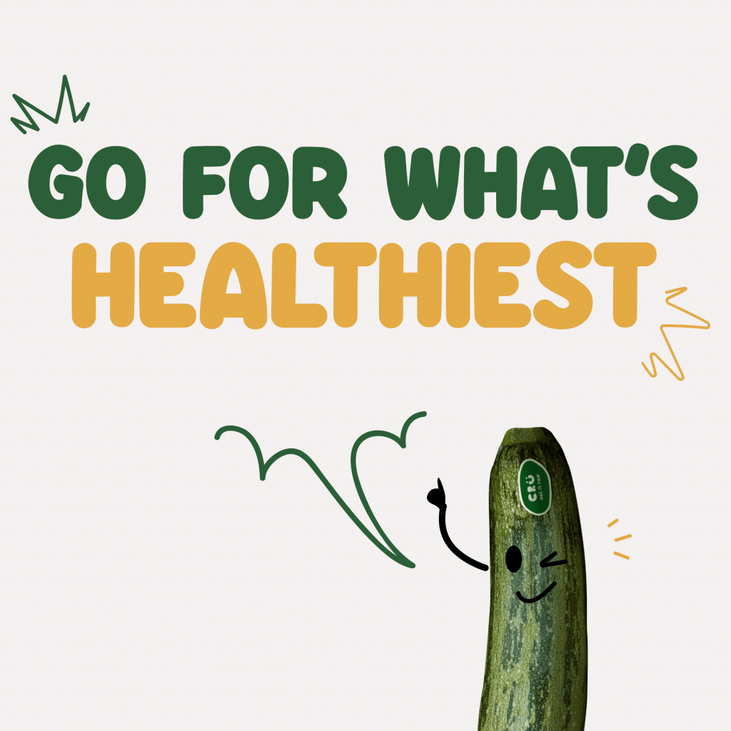 Image of a humanized courgette winking, with a comic bubble saying 'Seek the most vital', referring to the slogan from The Jungle Book. This image accompanies a blog post that invites to prioritize health and take action today, highlighting how Crü can provide the energy and nutrients needed for an active and healthy life.