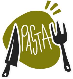 Fun green icon featuring a black silhouette of a knife and fork, and the word 'pasta' inside. This icon represents the link to the pasta recipes with zucchini Crü on our website.