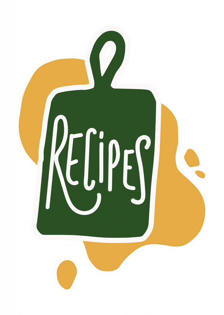 Fun, green kitchen tag-shaped icon with a white border and an inner yellow background featuring rounded shapes. In the center, the word 'recipes' is displayed. This icon is located on the main recipe page, to the left of text inviting visitors to become chefs and explore our varied collection of Crü zucchini recipes.