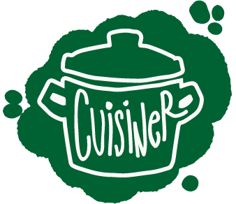 Icône verte, originale et amusante en forme de casserole avec le mot 'cuisiner' à l'intérieur. En cliquant dessus, vous accédez à toutes les recettes avec de la courgette cuisinée.