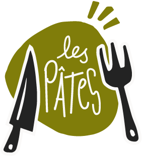 Icône verte amusante avec la silhouette d'un couteau et d'une fourchette de couleur noire, et le mot 'pâtes' à l'intérieur. Cet icône représente le lien vers les recettes de pâtes avec courgette Crü sur notre site web.