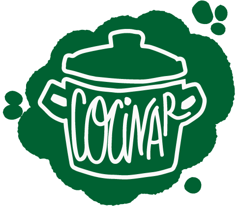 Icono verde, original y divertido con la forma de una cacerola y la palabra 'cocinar' dentro. Al hacer clic en él, se accede a todas las recetas con calabacín cocinado.