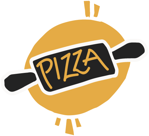 Icono verde, original y divertido con la forma de un rodillo de amasar y la palabra 'pizza' dentro. Al hacer clic en él, se accede a todas las recetas para hacer pizza.