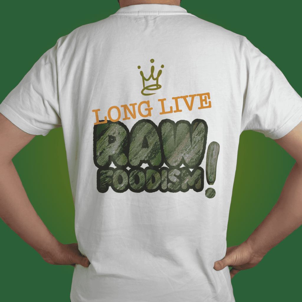 Image of the back of a person wearing a t-shirt with the slogan 'Long live raw foodism!'. This image accompanies a blog post promoting an active, healthy, and energetic life through raw food.
